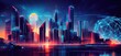 © Vergiliy - Futuristic city skyline at sunset with neon lights, towering skyscrapers, and digital globe, showcasing advanced technology and vibrant colors, copy space for text