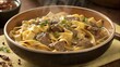 © Larisa - Delicious beef stroganoff served in a wooden bowl with steaming noodles and garnished with herbs