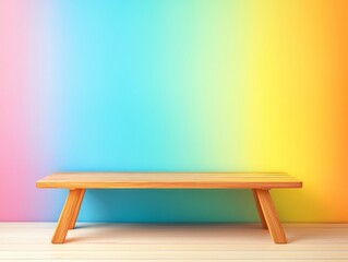 Wall Mural - Vibrant gradient backdrop behind wooden bench on light wooden floor