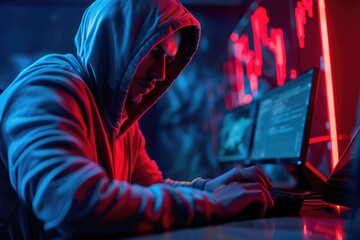 Man In Front Of Screens With Digital Information, Cyber Security, Cyber Protection, Data Hacking