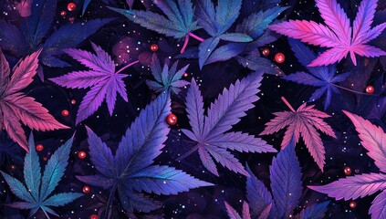 Wall Mural - Psychedelic cannabis leaves and berries on dark background.