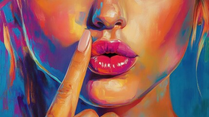 Wall Mural - Close-up of a woman with finger over lips, shushing motion, vibrant gradient background, realistic depiction of facial features, modern professional artwork.