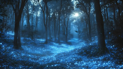 Wall Mural - Enchanted Forest at Night with Glowing Blue Lights and a Mysterious Path