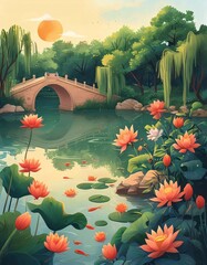 Wall Mural - Serene Garden Pond Sunset Bridge Landscape.