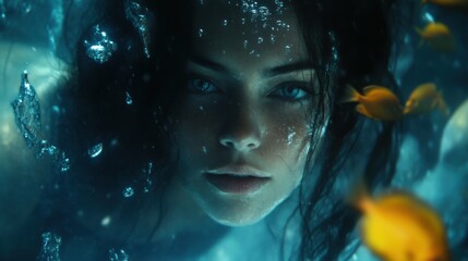 Wall Mural - mysterious enchantress with flowing hair, deep ocean eyes, surrounded by glowing fish, underwater realm, shimmering magic, serene expression, aquatic fantasy, fluid forms