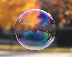 Rainbow soap bubble reflecting autumn foliage.