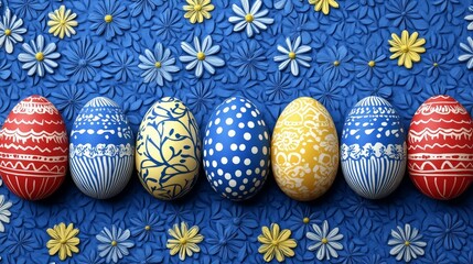 Colorful easter eggs on blue floral background with intricate patterns