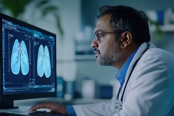 a male indian doctor using cutting-edge technology to examine a digital image of lungs, with a soft 