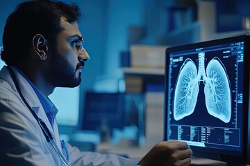 a male indian doctor using cutting-edge technology to examine a digital image of lungs, with a soft 