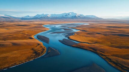 Wall Mural - Braided river meandering through autumn tundra, snowy mountains.