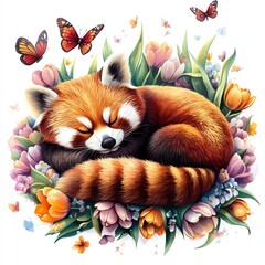 A peaceful red panda sleeping amidst colorful flowers and butterflies.