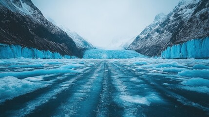 Sticker - Boat wake through glacial lagoon, snowy mountains.