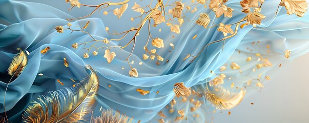 Hyper-detailed abstract background in blue and gold, with elegant golden feathers and a 3D render of a golden tree branch and leaves in flowing liquid paint style.