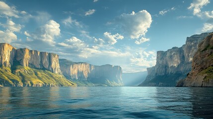 Wall Mural - Calm lake amidst towering cliffs at sunset, serene canyon background.