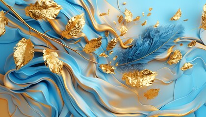 Hyper-detailed abstract background with blue and gold colors, featuring golden feathers and a 3D render of a golden tree branch and leaves in liquid paint style.