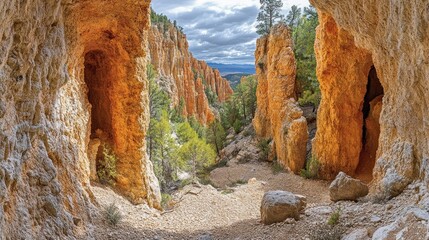 Wall Mural - Cave view of canyon valley with hoodoos under cloudy sky.