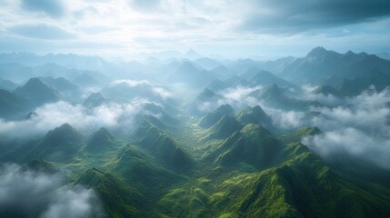 Wall Mural - Aerial Misty Green Mountain Range Valley Cinematic Background.