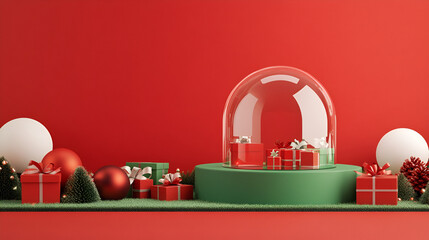 Wall Mural - A transparent glass dome atop a green platform, is part of a Christmas  theme seen in the picture. Set against a vivid red background, the display is surrounded by gift boxes and Noel decorations.