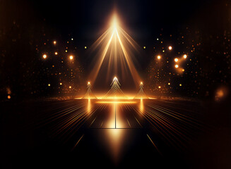 Poster - a dramatic stage bathed in golden light, spotlights converging on a central platform. sparkling part