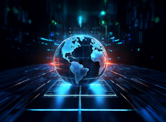 A translucent, digital globe hovers above a glowing platform, surrounded by streams of vibrant data, suggesting global connectivity and digital transformation.
