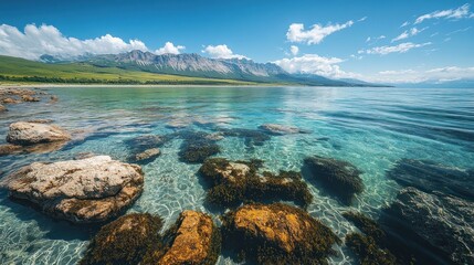 Wall Mural - Crystal clear lake shore, mountain backdrop, summer tranquility.