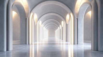 Illuminated arched hallway with columns and marble floor.