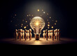 © joeycheung - Glowing lightbulb shaped like a tree illuminates a circle of small wooden figures, symbolizing shared knowledge and growth.  A shower of golden sparks adds to the magical ambiance.