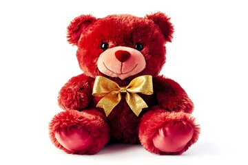 Elegant display of a red teddy bear with a golden bow, isolated on a white background, capturing the festive or gift theme.