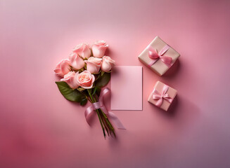 Canvas Print - A bouquet of pale pink roses tied with a ribbon sits beside two small gifts and a blank card on a pink background.  Perfect for Valentine's Day or Mother's Day.