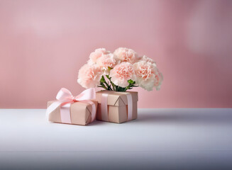 Poster - Pastel pink carnations in a gift box sit beside a smaller wrapped present on a white surface against a soft pink background.  A perfect image for celebrating love and affection.