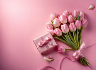 Poster - A delicate bouquet of pink tulips tied with a ribbon sits beside a small, pink gift box on a matching pink background.  Petals are scattered nearby, adding to the romantic ambiance.