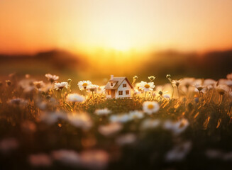 Wall Mural - Miniature house nestled in a field of daisies, bathed in the warm glow of a setting sun.  A picturesque scene of tranquility and dreams of homeownership.