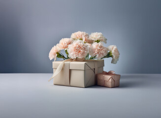 Poster - A beige gift box, adorned with a ribbon and a bouquet of pale pink carnations, sits beside a smaller pink gift.  The scene is minimalist and elegant, set against a muted blue backdrop.