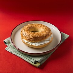 Wall Mural - Sesame bagels with cream cheese on red background