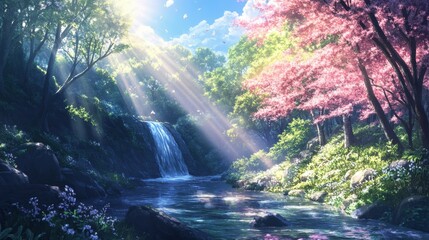 Wall Mural - Serene Stream and Sunlit Trees, tranquil scene with a flowing stream, vibrant greenery, gentle sunlight creating a peaceful atmosphere