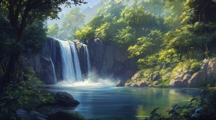 Wall Mural - Serene Waterfall Oasis, a tranquil cascade pouring into a calm lake embraced by verdant trees, evoking peace and natural beauty