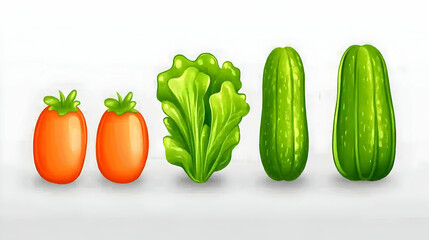 Wall Mural - Fresh vegetables, tomatoes, lettuce, zucchini, arranged on white background, for recipe, menu, or cookbook illustration