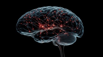 Fototapete - Futuristic Visualization of a Human Brain with Neural Connections and Glowing Network Effects in a Dark Background, Representing Intelligence and Technology