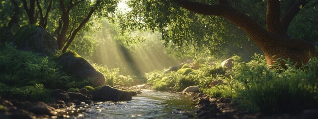 Wall Mural - Tranquil Stream in Lush Forest, gentle water flow, vibrant greenery, sunlight filtering through leaves, serene natural ambiance