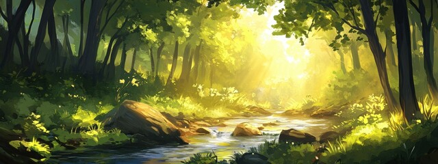 Wall Mural - Tranquil Stream in Sunlit Forest, serene waters flowing, lush greenery surrounding, dappled sunlight filtering through vibrant leaves