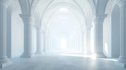 Wall Mural - Long white hallway with columns and arched ceilings, bright light at end.