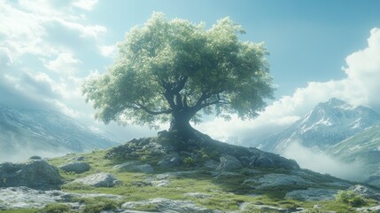 Wall Mural - Lone tree on grassy mountain slope, misty valley and snowy peaks.