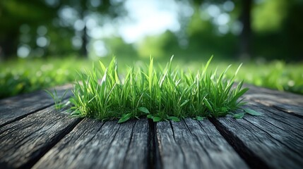 Wall Mural - Lush grass growing through wooden planks in park.