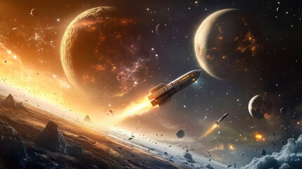 futuristic space odyssey, vibrant rockets soaring through a starry expanse, colorful planets twinkli