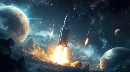 Wall Mural - Futuristic Space Odyssey, featuring dynamic rockets soaring through a vibrant cosmos filled with colorful planets and twinkling stars.