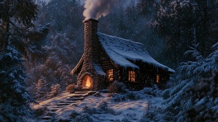 Wall Mural - Cozy woodland cabin with chimney smoke, gentle snowfall creating a serene winter atmosphere, inviting warmth amidst nature's beauty