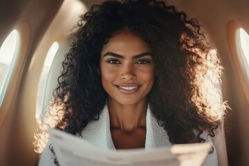 Wall Mural - A beautiful woman with curly hair is sitting in airplane and reading documents.