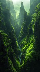 Wall Mural - Misty rainforest canyon with stream, lush green cliffs.