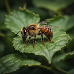 A cute baby bee sleeping on a leaf.