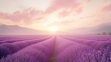 Wall Mural - Lavender Serenity, tranquil lavender field, vibrant purple blooms, pastel sunset sky, soothing atmosphere, nature's beauty, peaceful retreat